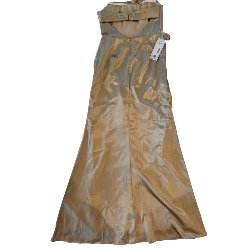 Azazie Leonis Champagne Gold Metallic Satin Mermaid Gown NWT A8 Formal Evening - Picture 3 of 16